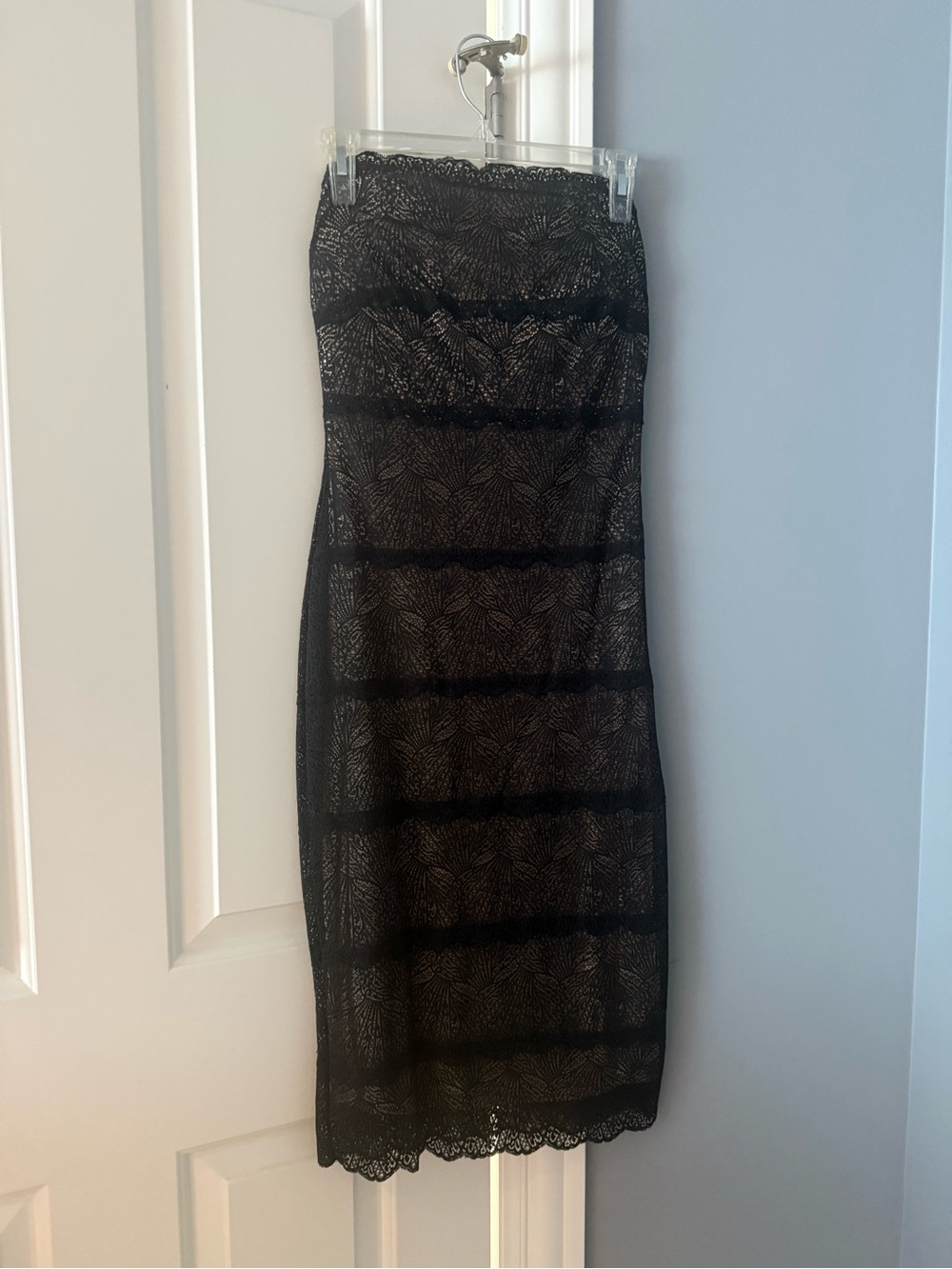 bebe Black Strapless Lace Midi Dress